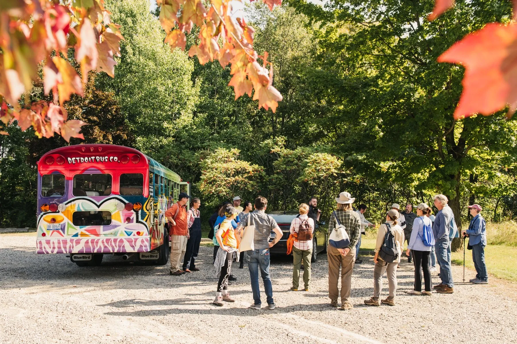 A tour group gathered in a green clearing beside the painted bus